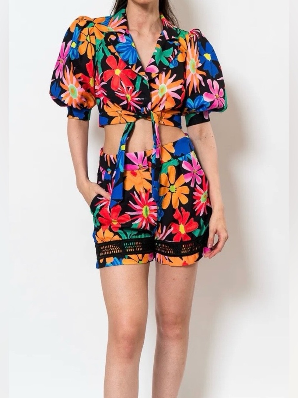 PATBO Floral Two-Piece Romper in Black & Multicolor